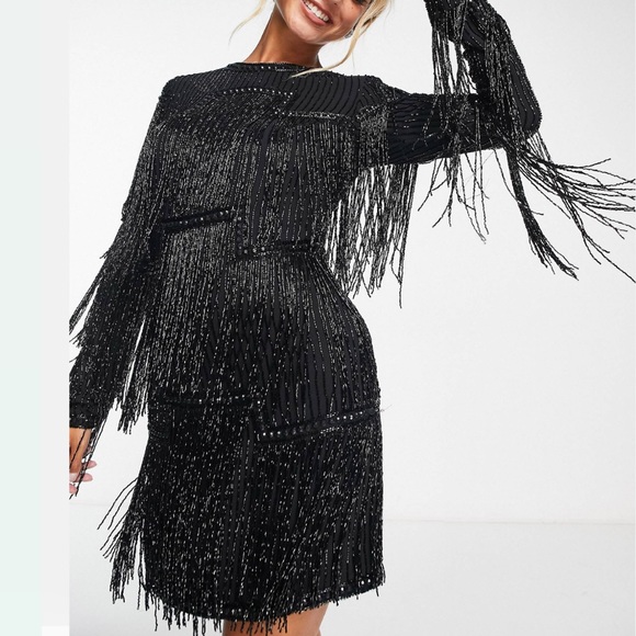 US6/M embellished shift mini dress beaded fringe tassels layered - Picture 6 of 6